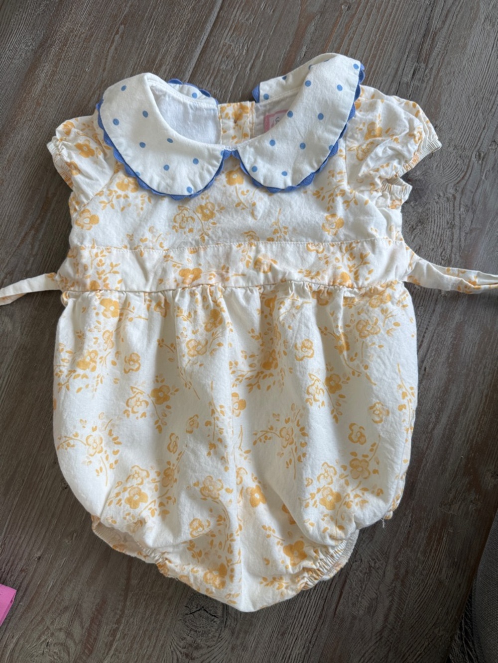 SweetHoney White Bubble Romper with Blue Polka Collar and Yellow Floral